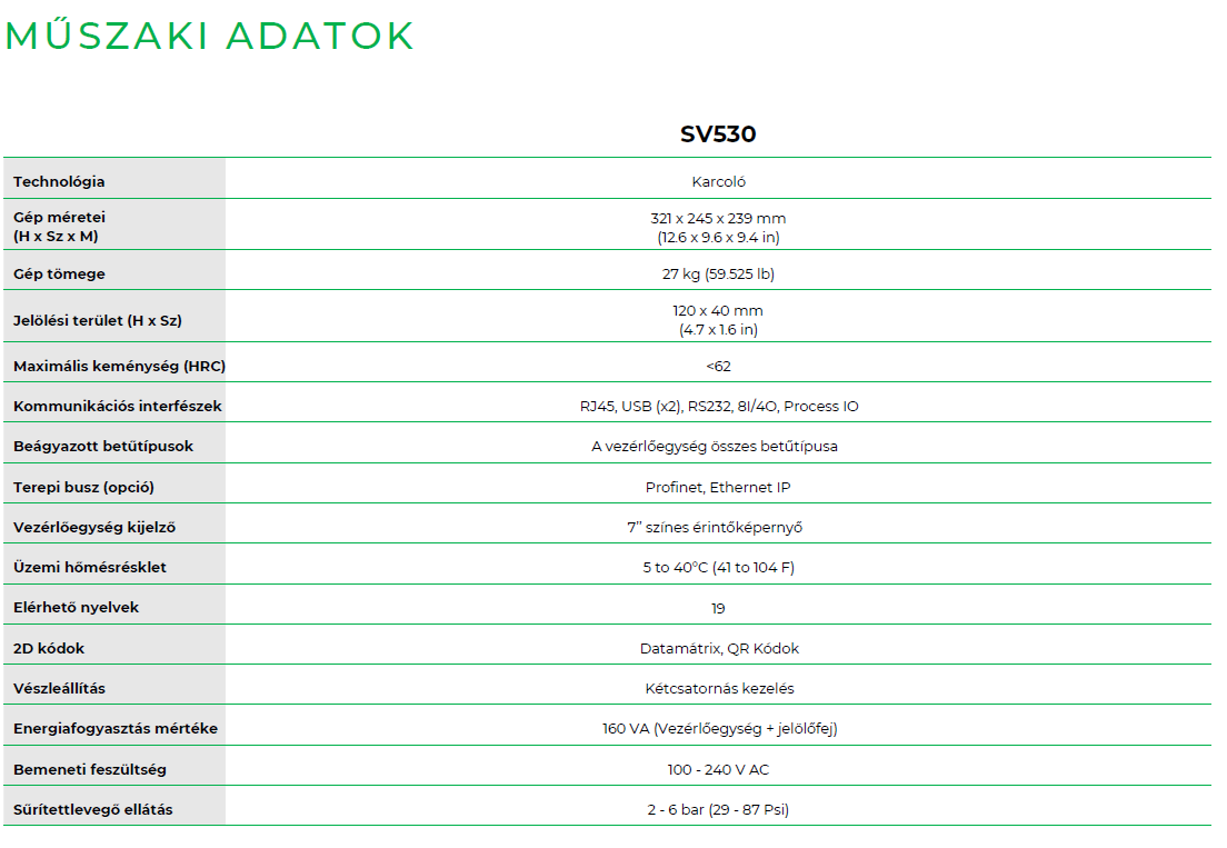 SV530 műszaki paraméterek